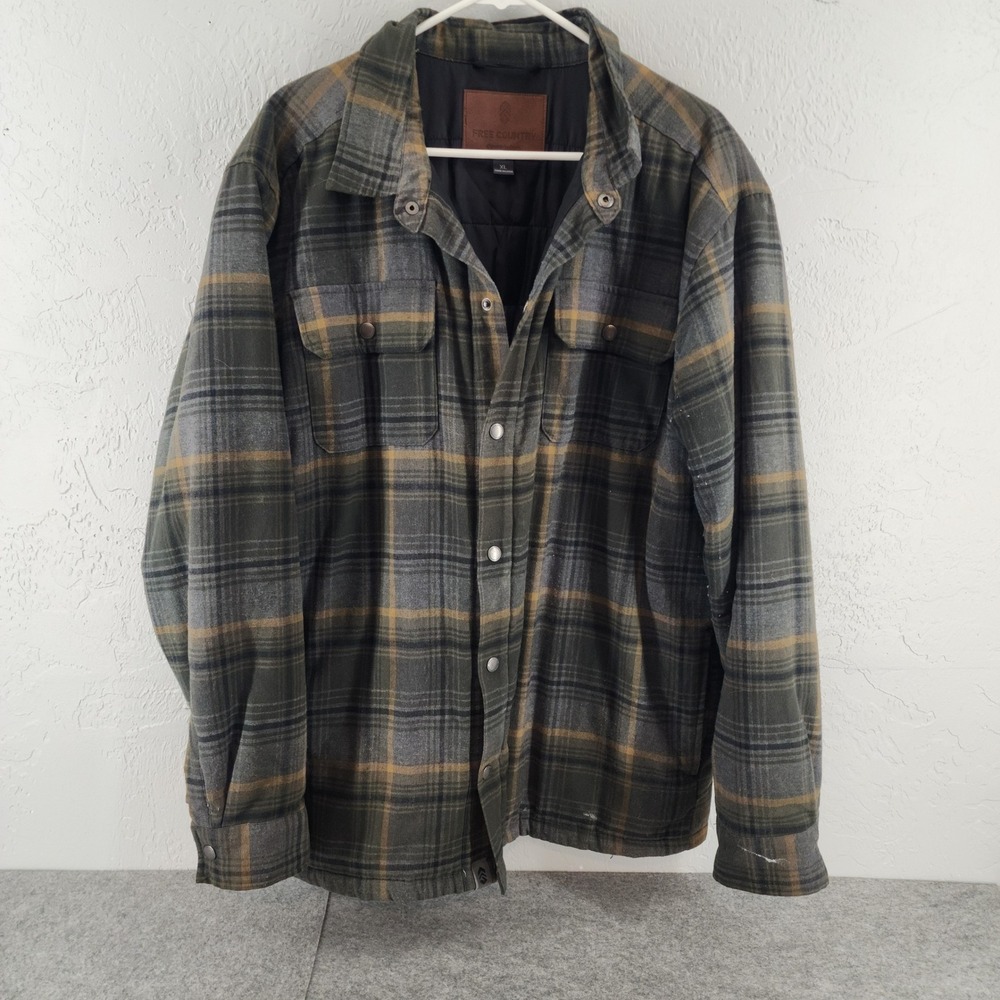 Free Country XL Green Plaid Quilted Lined Flannel Shirt Jacket Shacket Mens